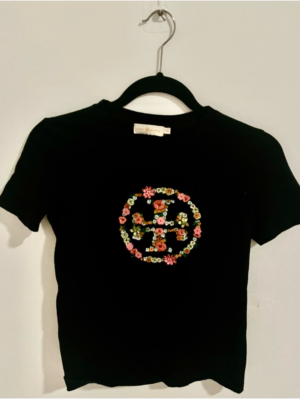 Tory Burch Black Tee with Floral Logo